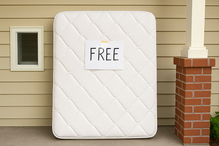 Clean mattress leaned against a wall with a 'Free' sign