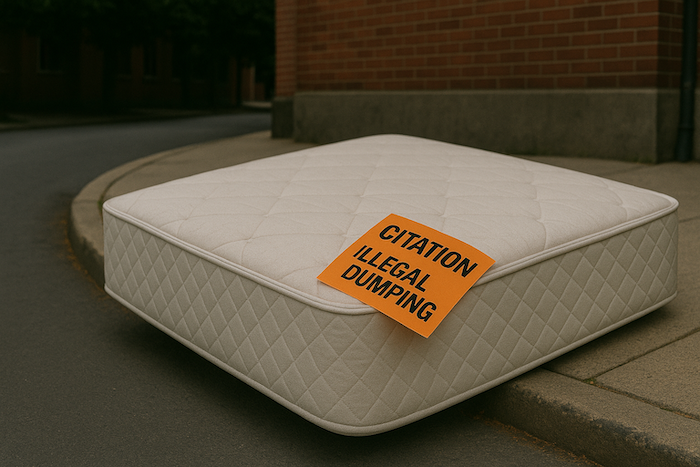 Abandoned mattress on city curb with citation sticker