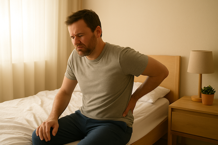 Tired person sitting on edge of bed in morning light