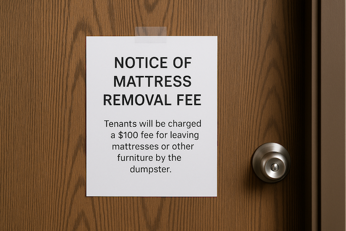 Notice of mattress removal fee on apartment door