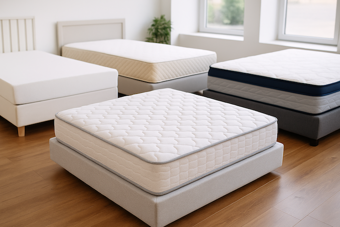 Various mattress types displayed in a showroom