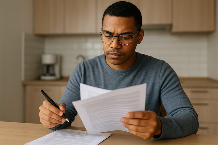 Tenant reviewing apartment lease at home to avoid fines that can result from improper mattress removal