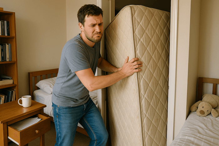 Person struggling to remove old mattress from bedroom
