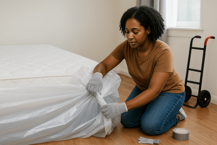 Person wrapping mattress in disposal bag before pickup