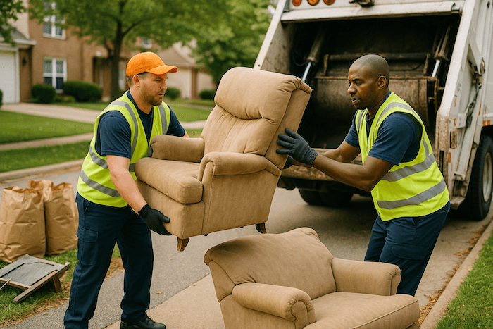 Two city sanitation workers in reflective safety vests lifting an oversized broken armchair into a garbage truck.