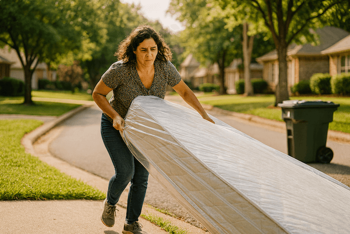 A homeowner dragging a large mattress wrapped in plastic to the curb on trash day. 