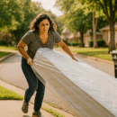 A homeowner dragging a large mattress wrapped in plastic to the curb on trash day.