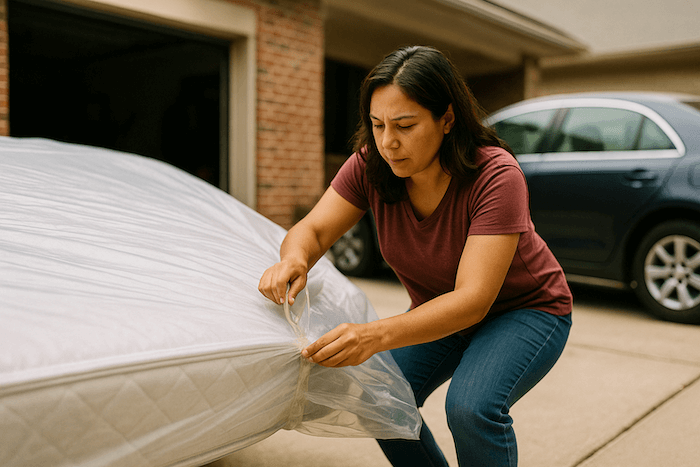 A woman carefully sealing a queen-size mattress inside a heavy-duty plastic bag with strong tape in her driveway. 