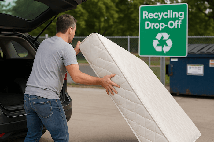 Customer unloading mattress at recycling center
